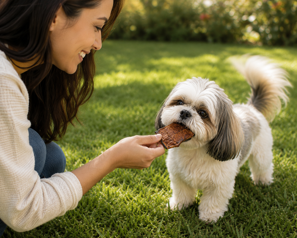 A woman kneels on a green lawn, offering a beef basted rawhide chip to a small fluffy white and gray Shih Tzu dog in an outdoor garden setting.