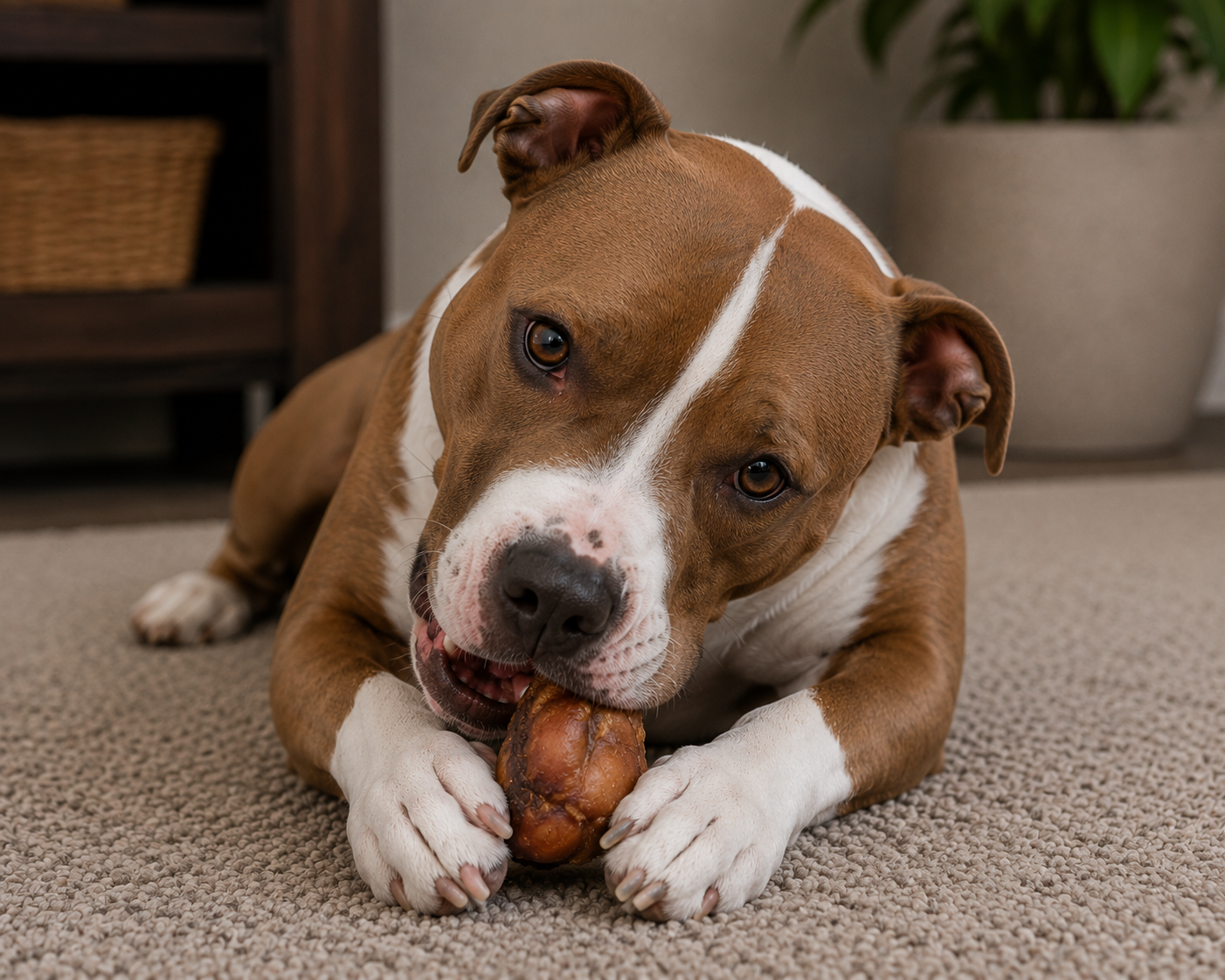 brown dog chewing a beef knuckle bone