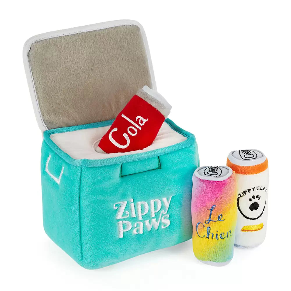 A small teal plush cooler dog toy with three plush cans: cola la chien, Zippy claw