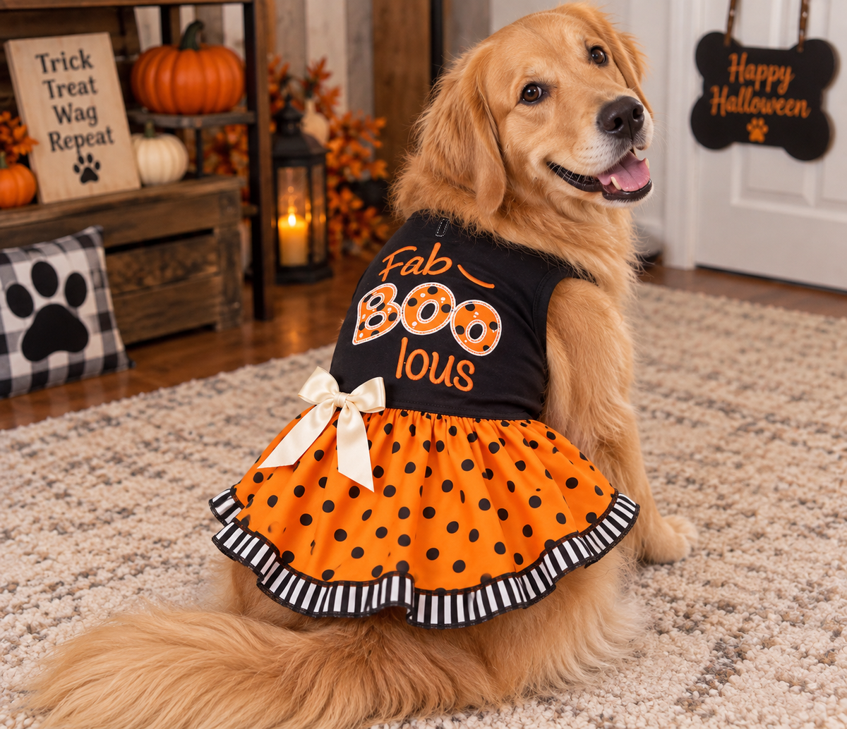a golden retriever wearing a halloween dress that says fab-boo-lous