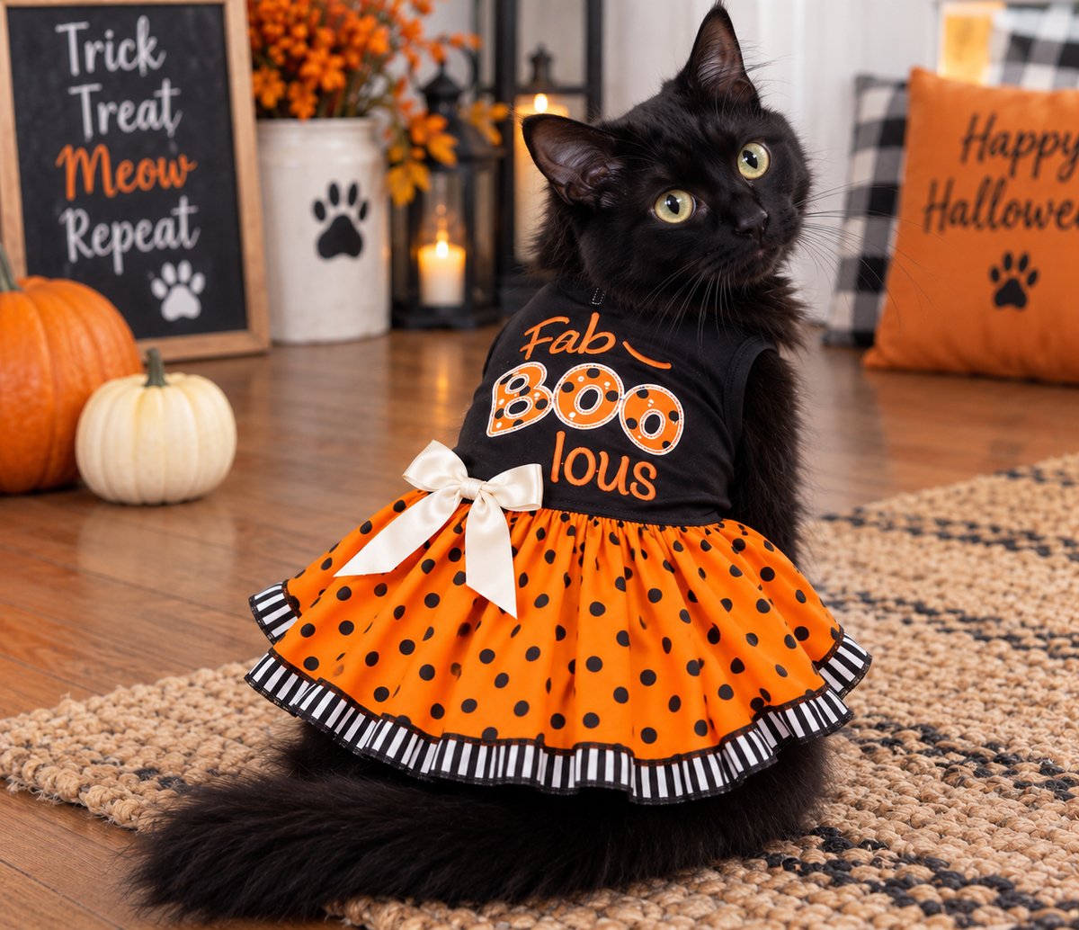 A black cat wearing a Halloween-themed pet dress with an orange and black polka dot skirt and a black top that reads 'Fab Boo Lous' in orange lettering, posed in a decorated fall setting.