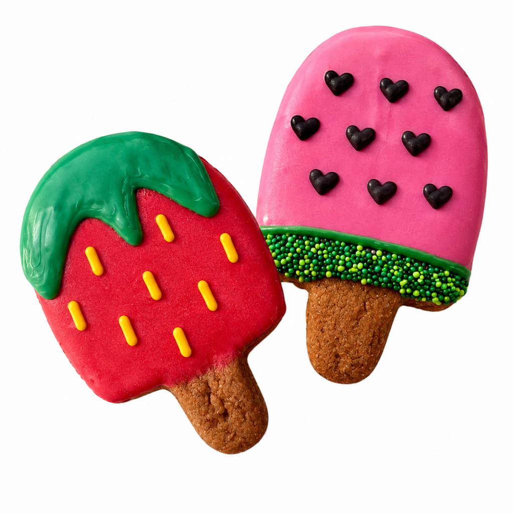 two cute dog cookies decorated like strawberry and watermelon popsiclels