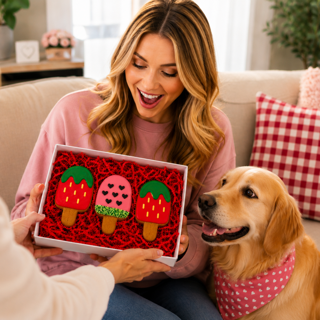 a blonde lady receiving a gift box for her golden retriever
