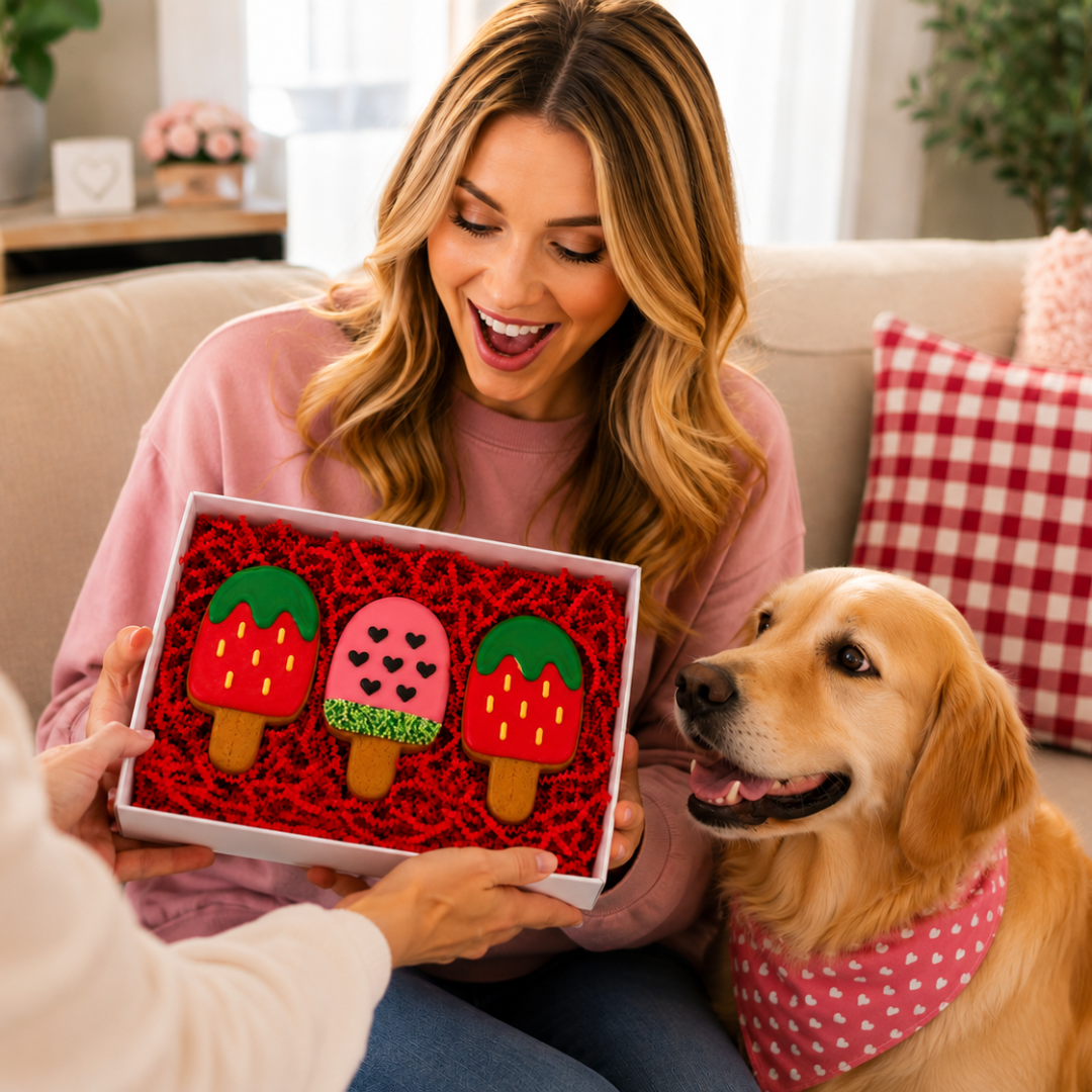 a blonde lady receiving a gift box for her golden retriever