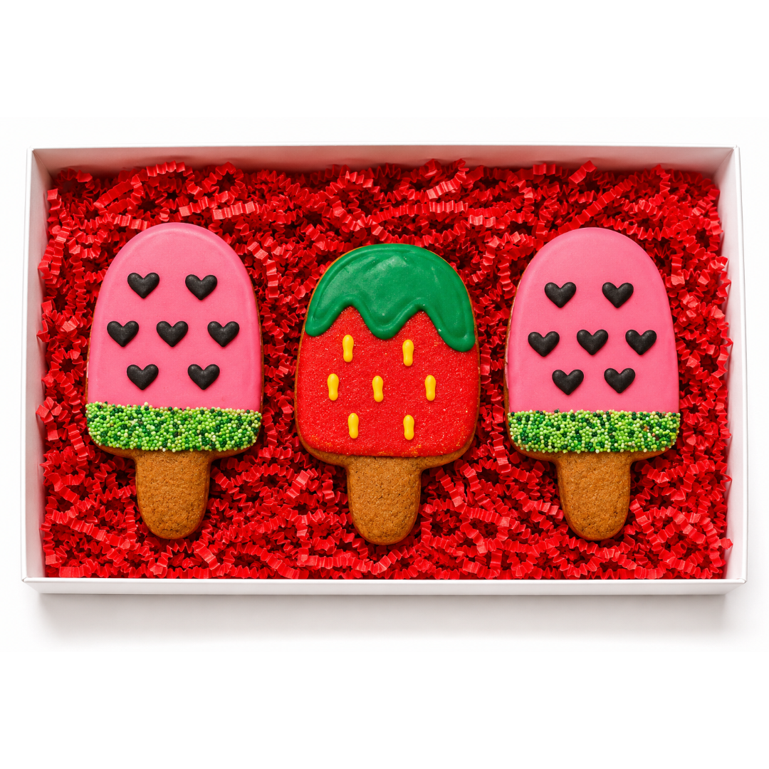 a gift box with 3 decorated pupsicles