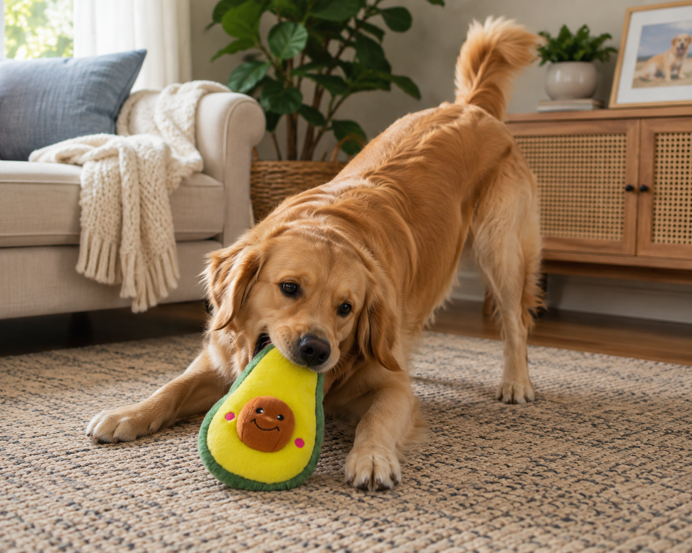 A golden retriever dog is playing with a plush avocado toy in a cozy living room setting.