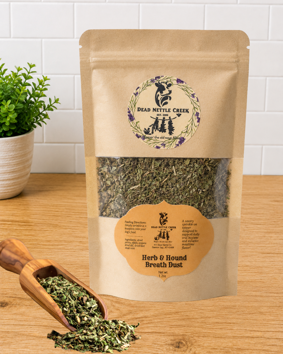 a paper bag of herbs and a scoop of herbs on a kitchen counter