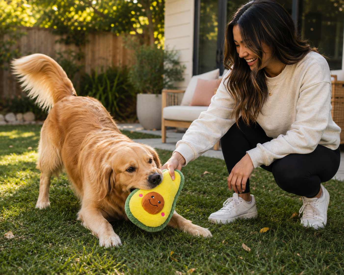 A golden retriever dog plays with a plush avocado toy in a sunny backyard while a woman crouches beside it, smiling and holding the toy.

