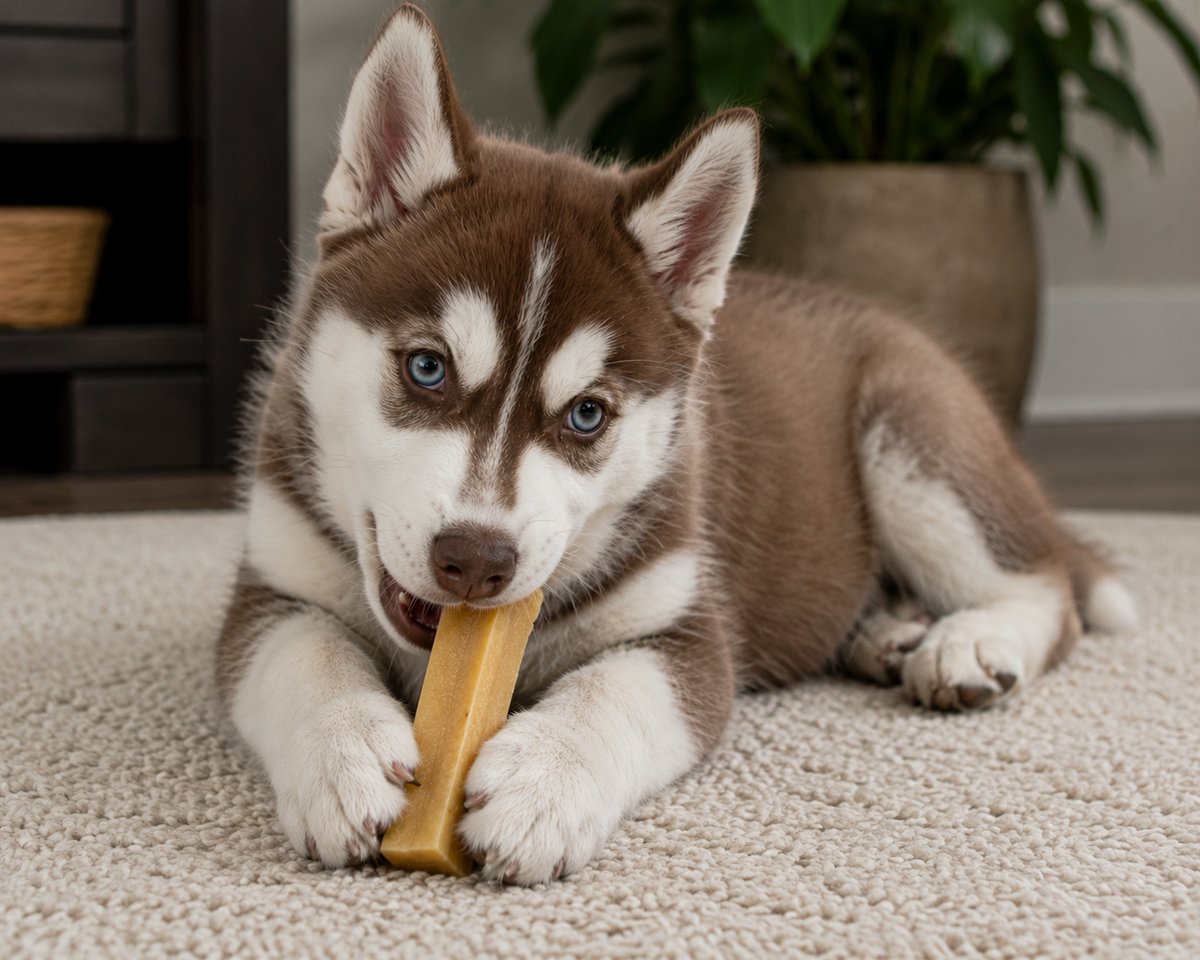 A brown and white Siberian husky puppy lying on a beige carpet and chewing a yellow yak cheese