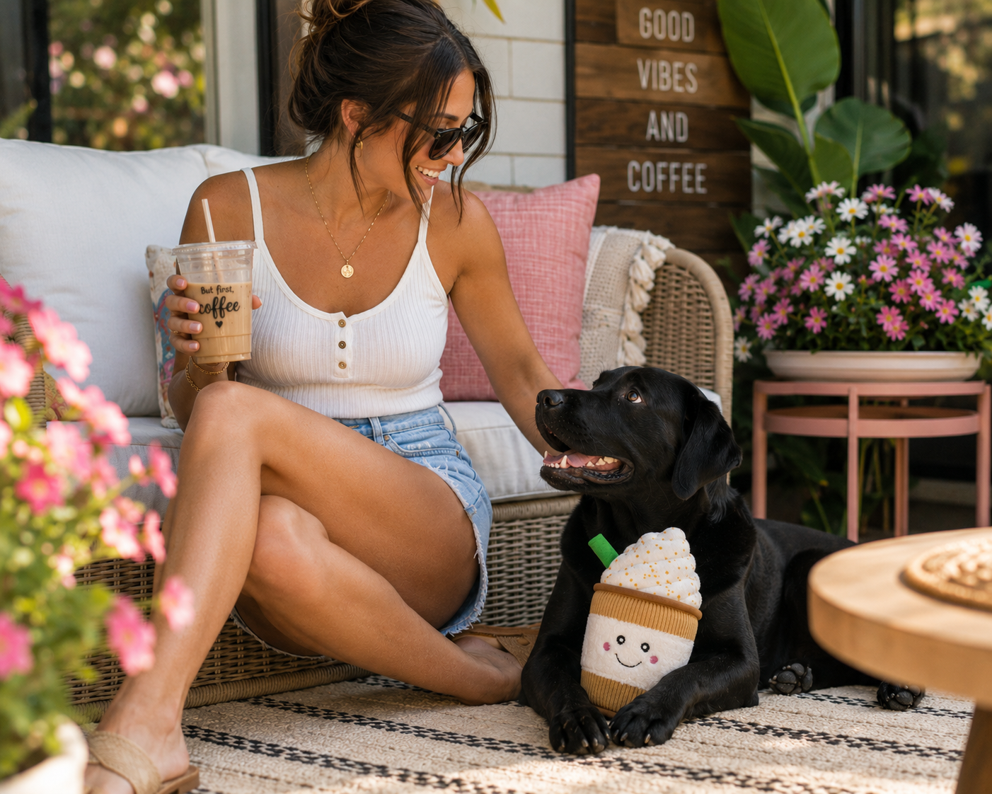 A woman relaxes on a wicker patio chair next to a black dog snuggling a plush dog toy