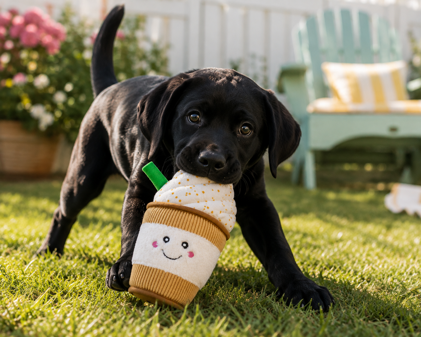 A black puppy playing with a plush dog toy shaped like a coffee cup on a green lawn in a backyard setting.