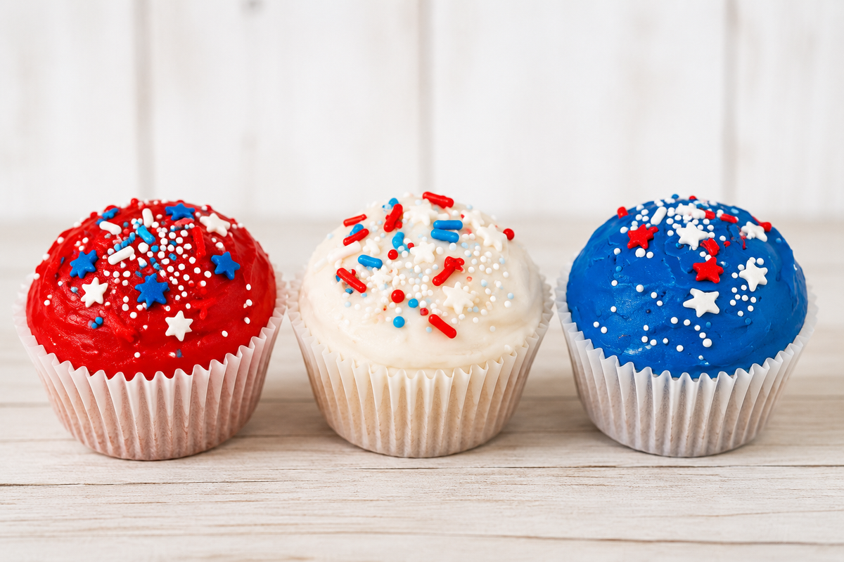 Three decorated pupcakes lined up on a light wood surface against a white wood background. The left pupcake has red frosting with red and blue sprinkles, the center pupcake has white frosting with red, white, and blue sprinkles, and the right pupcake has blue frosting with white and red sprinkles.