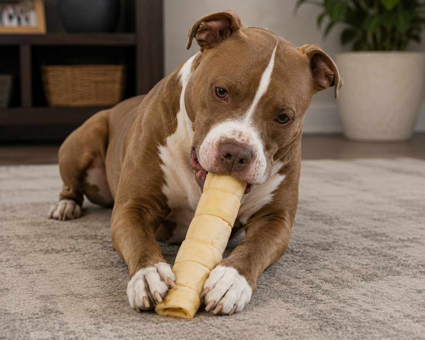 A brown dog chewing on a beef cheek roll