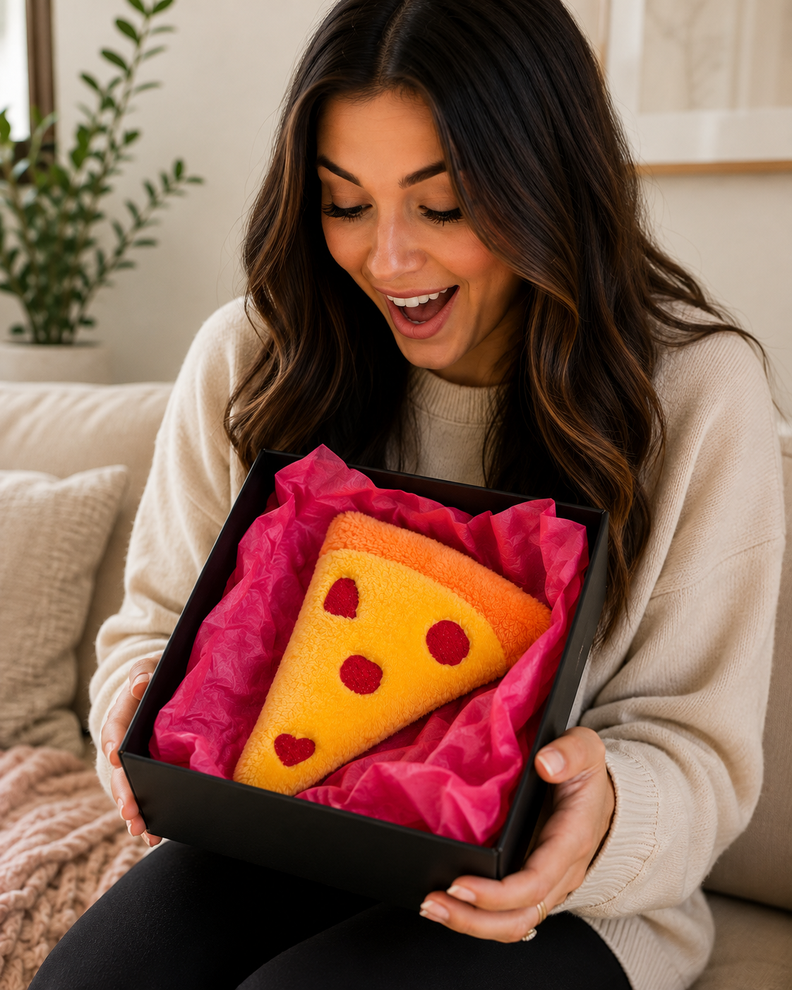 A woman sitting on a couch holds an open black gift box lined with bright pink tissue paper, revealing a pizza shaped dog toy with red heart-shaped pepperoni.