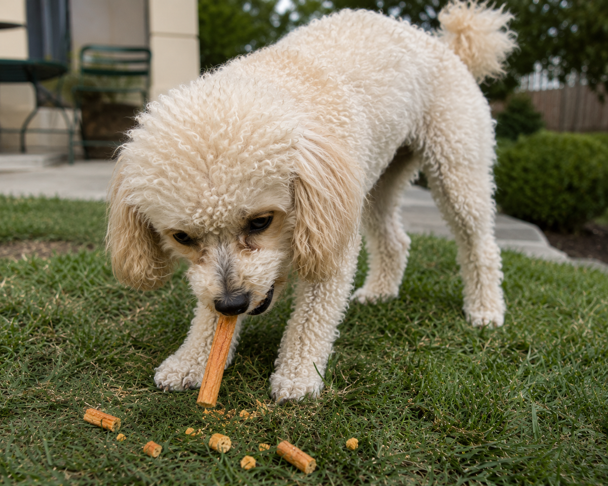 a fluffy poodle eating a chicken sausage stick