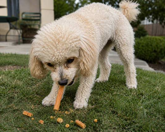a fluffy poodle eating a chicken sausage stick