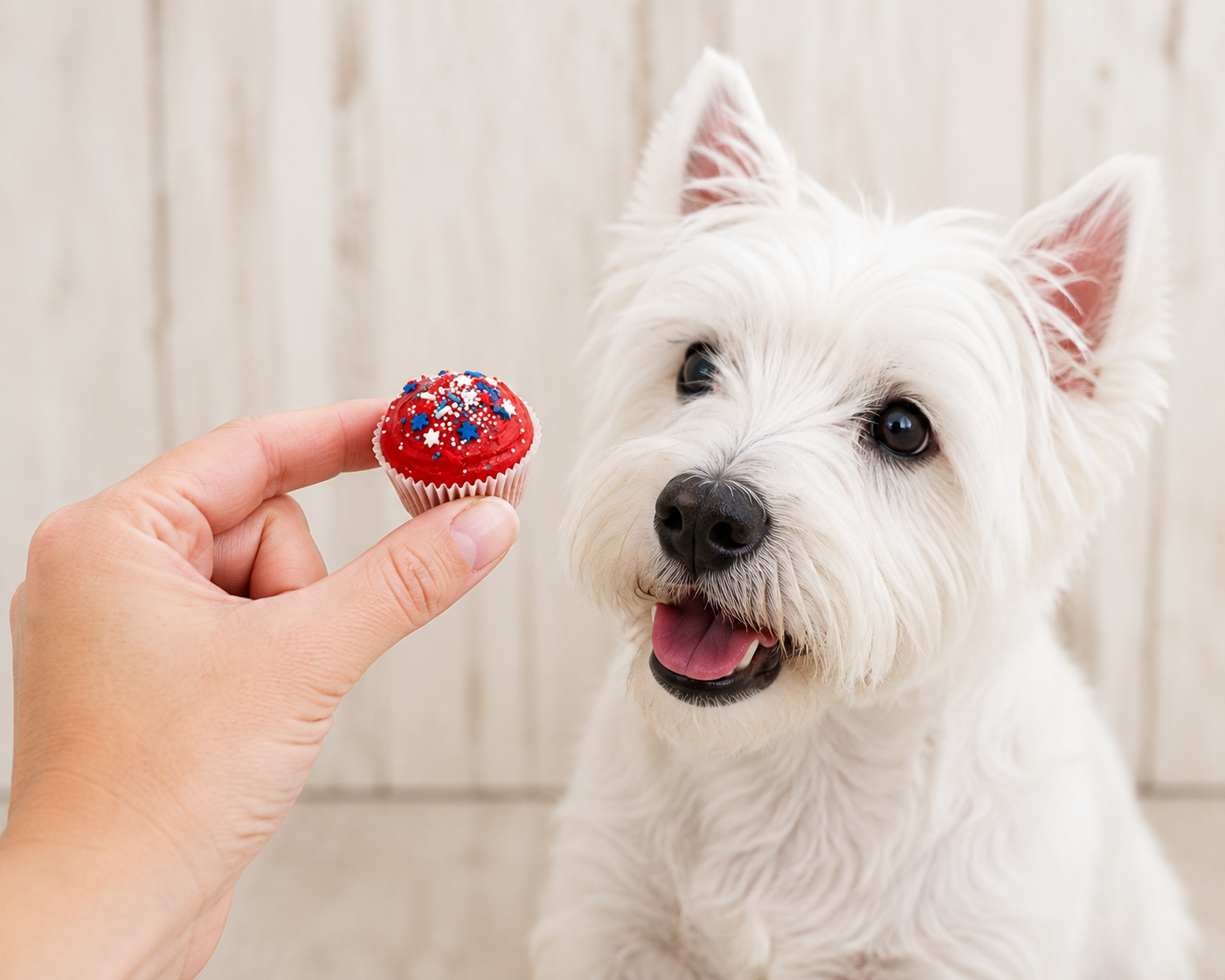 A small white dog looks at a hand holding a red cupcake with red, white, and blue sprinkles background.