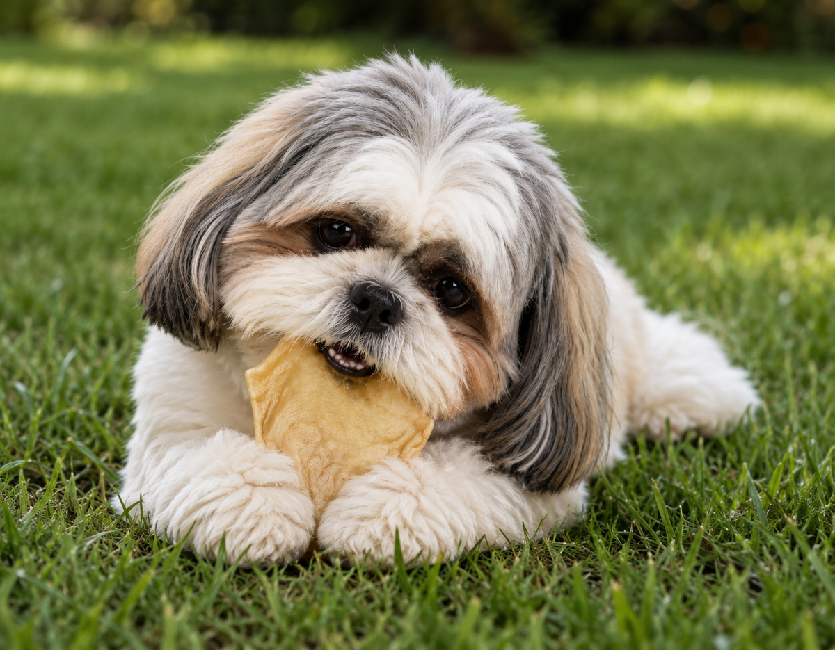 A small Shih Tzu dog lying on green grass outdoors, holding a plain rawhide chip between its paws.