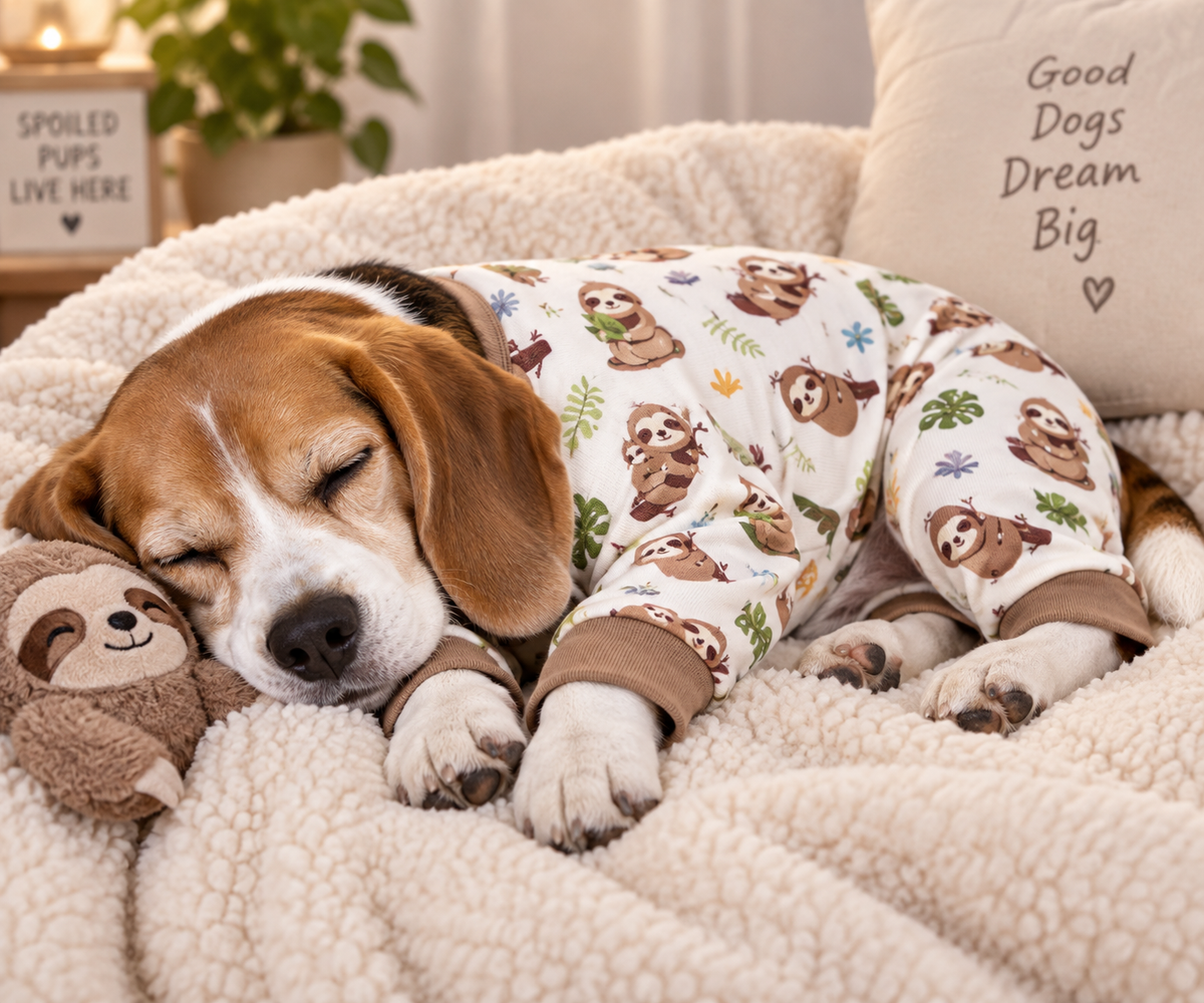 A sleeping beagle puppy wearing a cozy white fleece pajama set with a brown and green sloth print, resting on a cream sherpa blanket next to a plush toy and a pillow that reads 'Good Dogs Dream Big'.