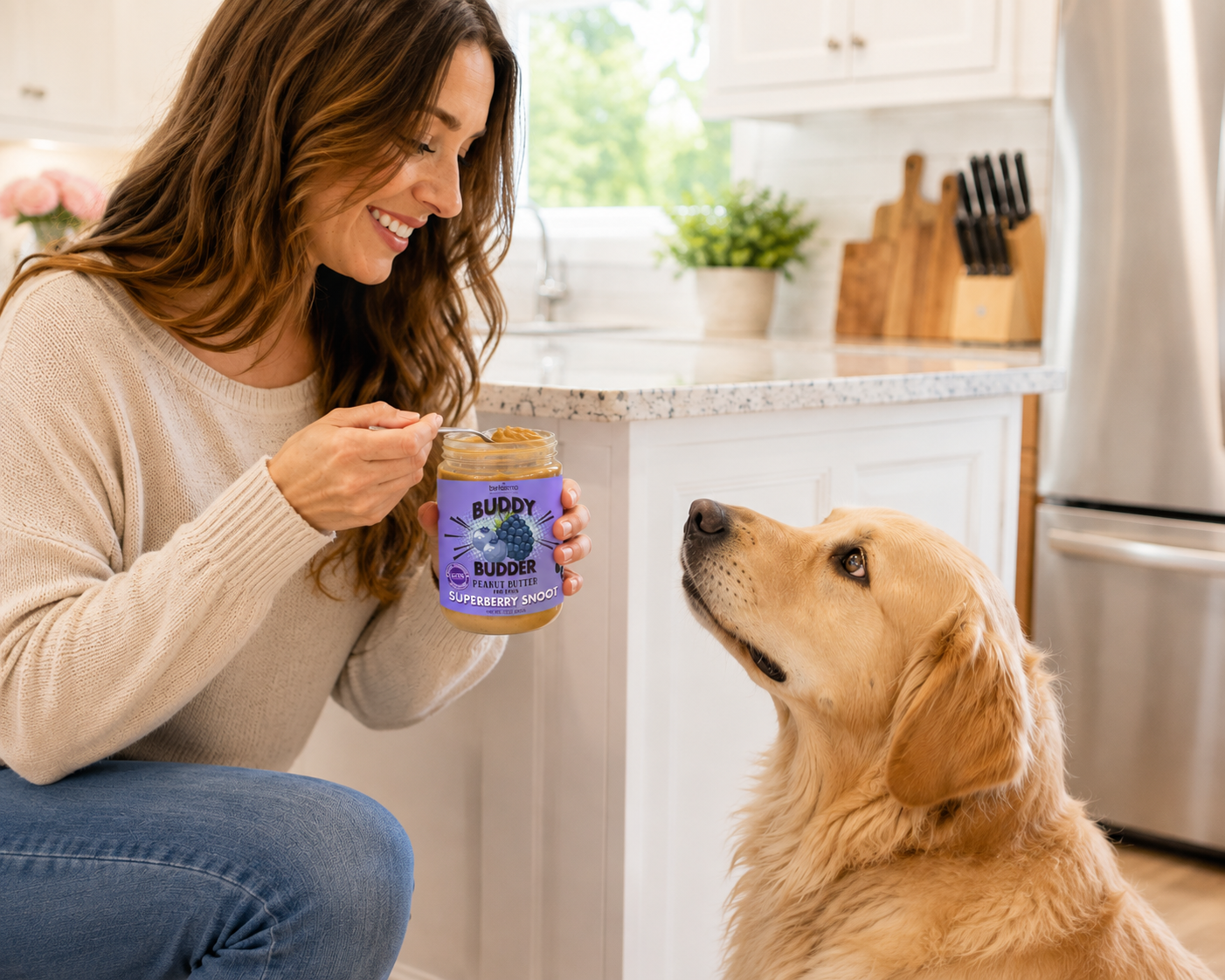 A woman kneels in a bright kitchen, holding a jar of Superberry Snoot Buddy Budder dog food for her golden retriever, who is looking up at her. The jar has a purple label with the brand name 'Buddy Budder'