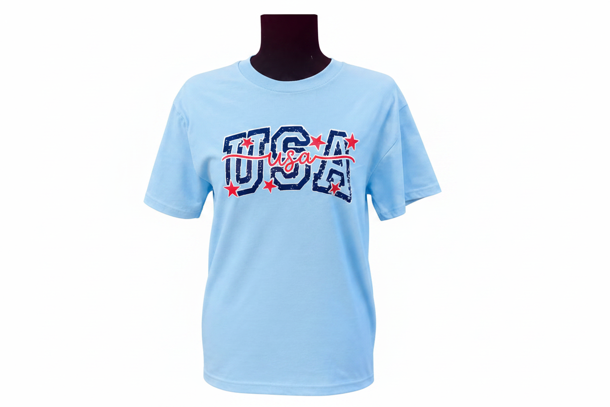 A light blue short-sleeve t-shirt that says "USA"