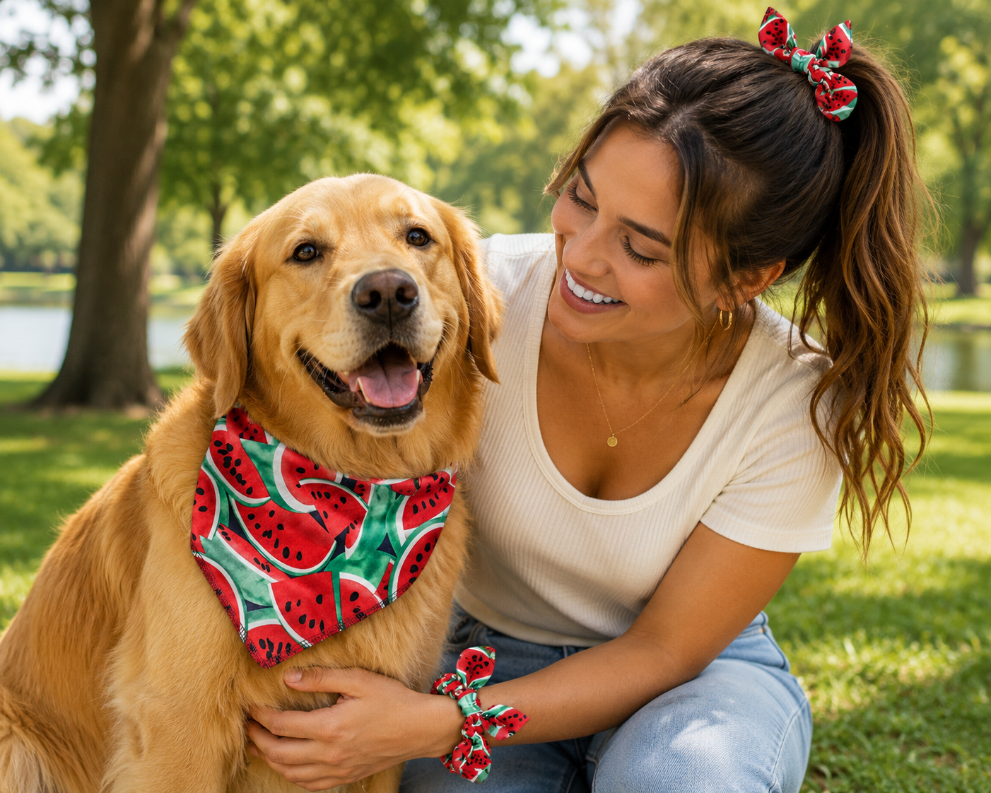 a golden retriever and a pretty lady wearing matching watermelon accessories