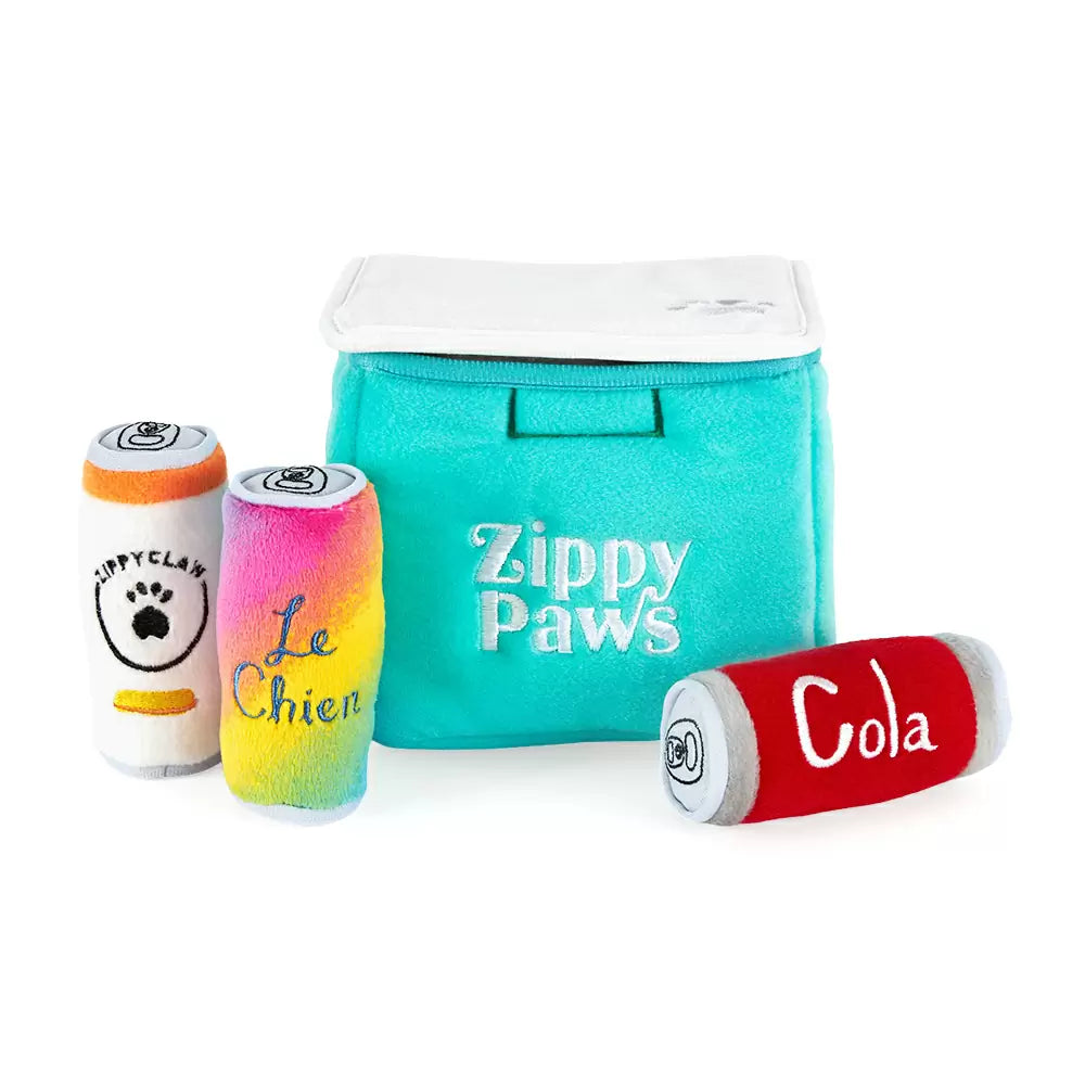 Teal plush cooler that says Zippy Paws. there are three plush cans next to it: Zippy Claw, Cola, La Chien